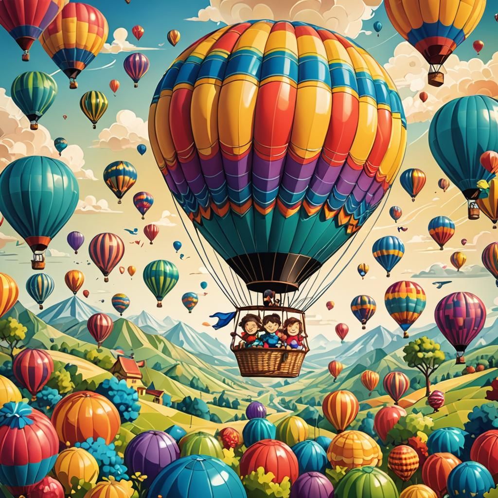 Two cute and adorable children flying in a colourful hot-air...