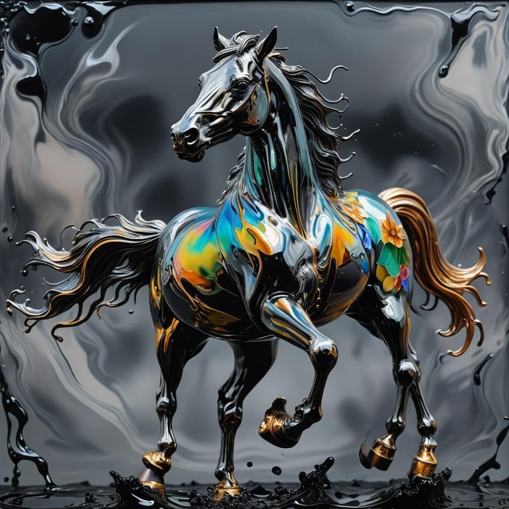 A glass and enamel horse running