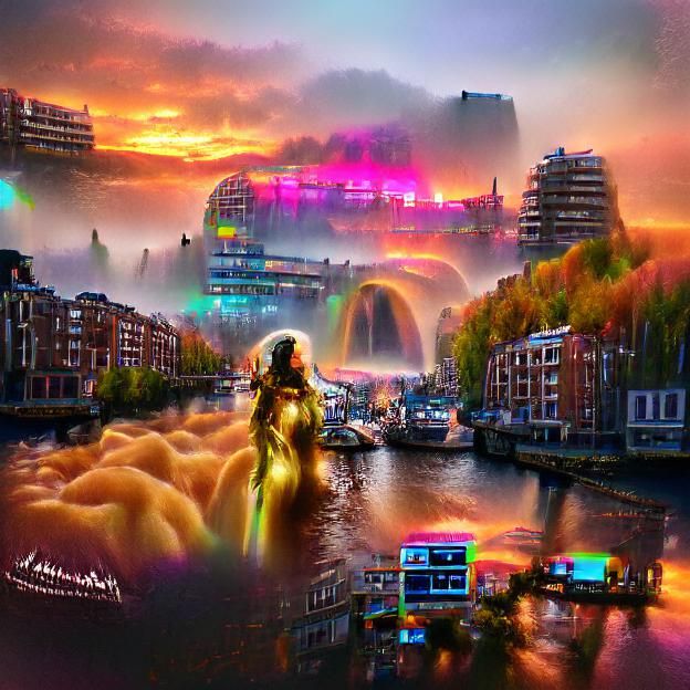 a golden cyberpunk Amsterdam at sunset during fall filled wi...
