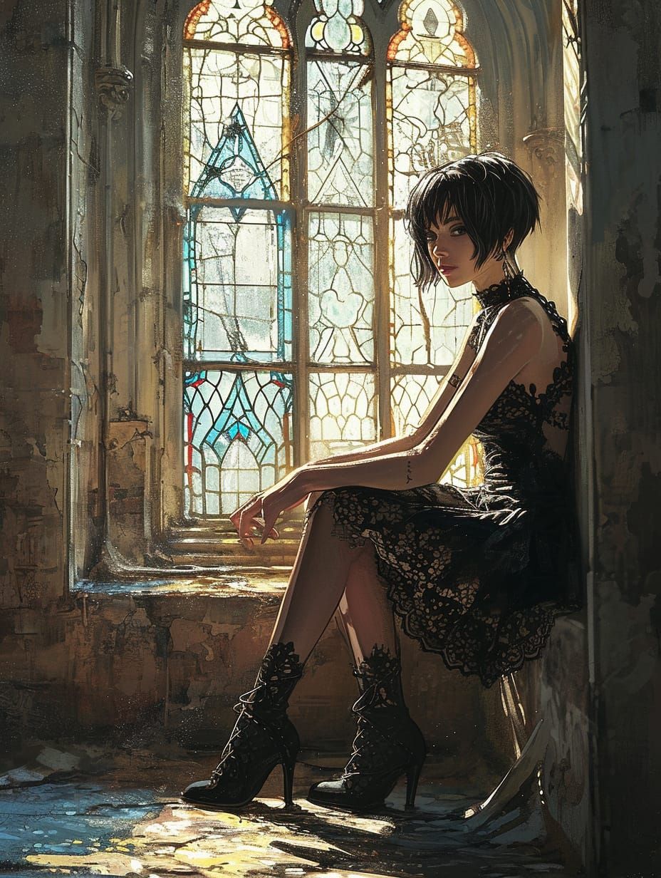 Goth Model in Abandoned Gothic Church (Illustration)