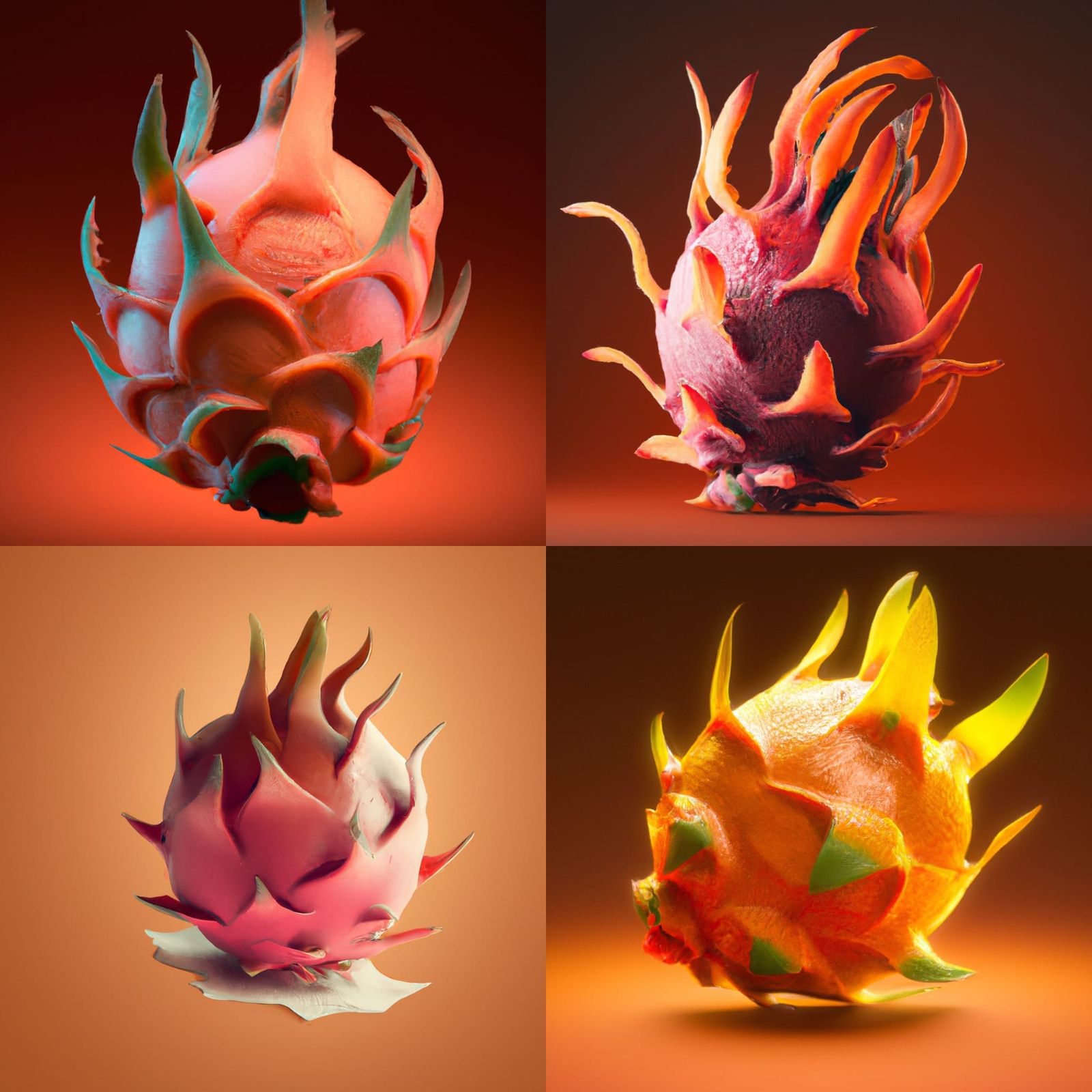 3D render of a Dragonfruit on a dark orange background, digital art