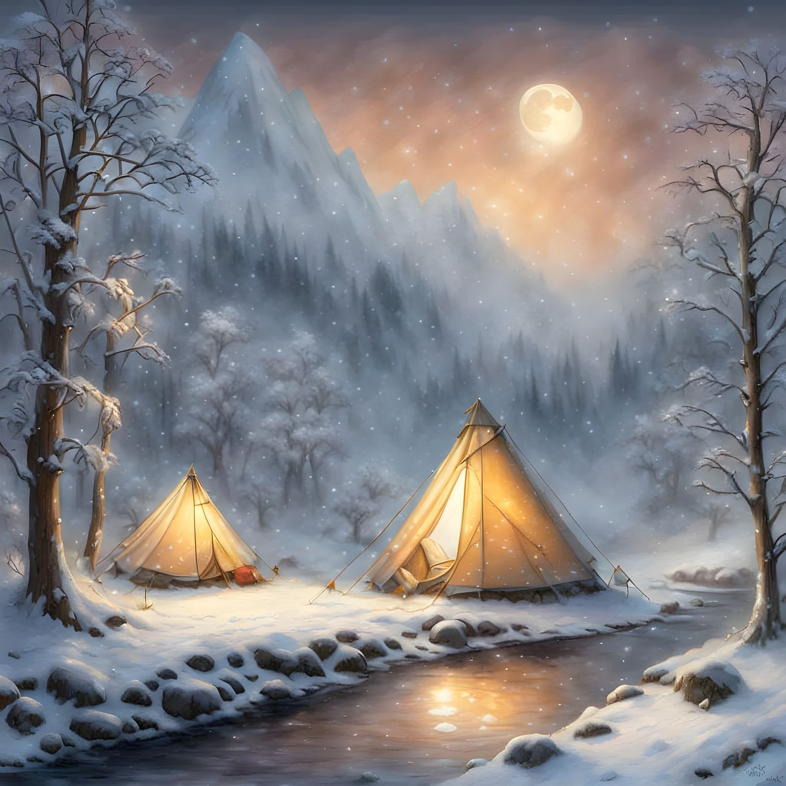 Winter camping, snow falling heavily, ground covered in snow, tent near a flowing river, snow glittering ...  by @Irene