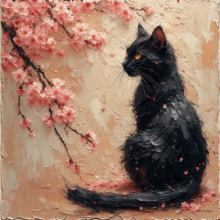 Black cat with cherry blossom