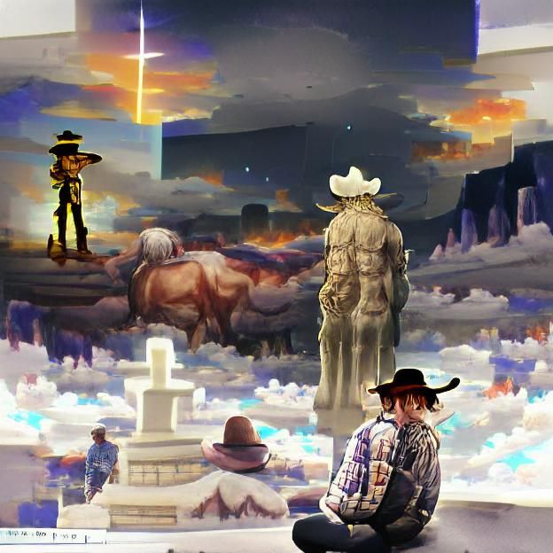 A cowboy staring at a god as the world ends