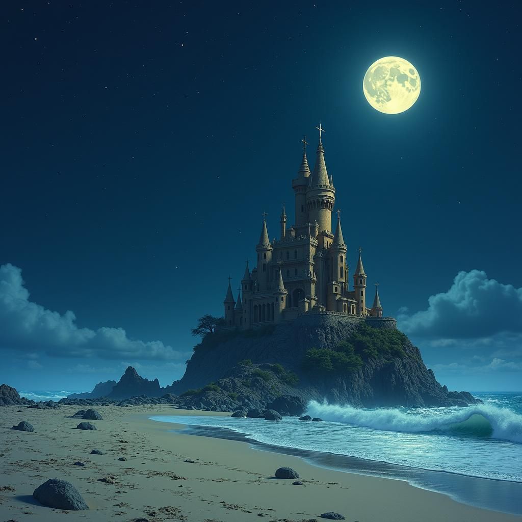 mystic sand castle in dark blue in the night cool