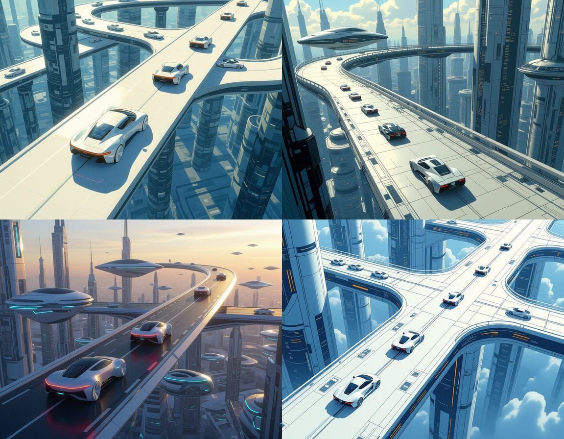 Futuristic Flying Cars on Unmarked Road