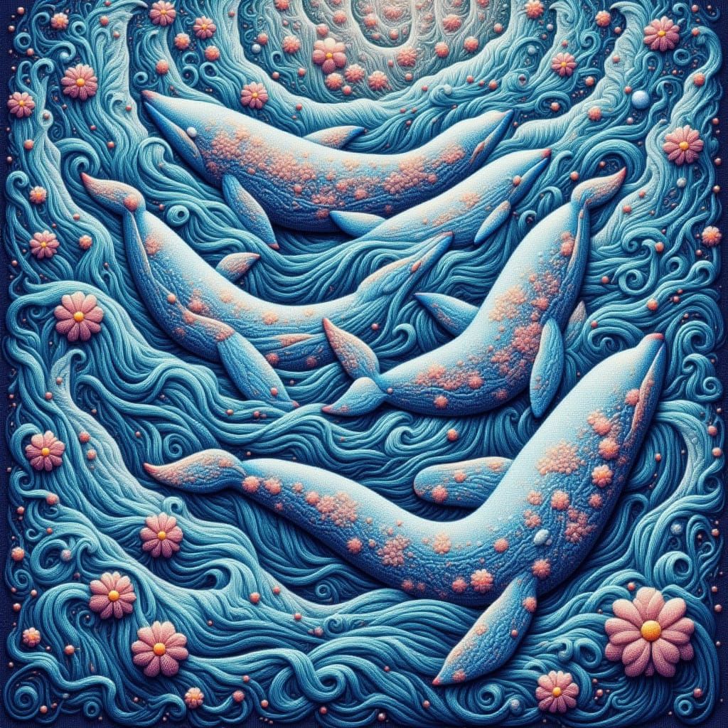 Orcas playing tapestry stitch <lora:Tapestry Touches 2:1.0>