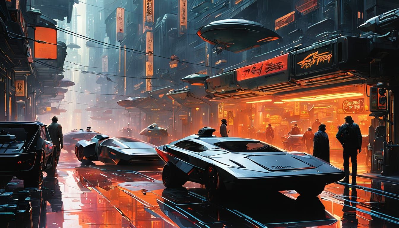 smokey cyberpunk city street with food vendors and futuristic flying cars and motorcycles, hyperdetailed, ...  by @Ed Evans