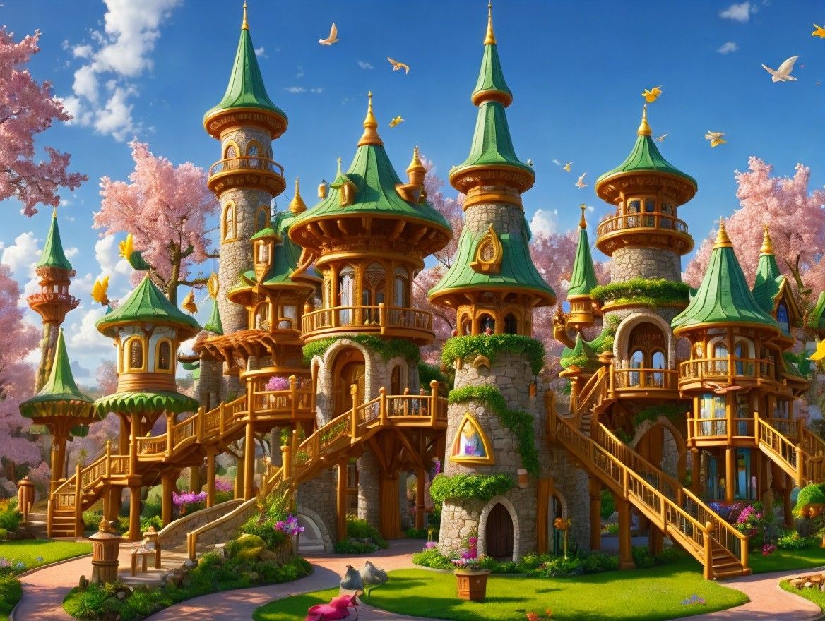 Whimsical Castle Amidst Blooming Blossoms