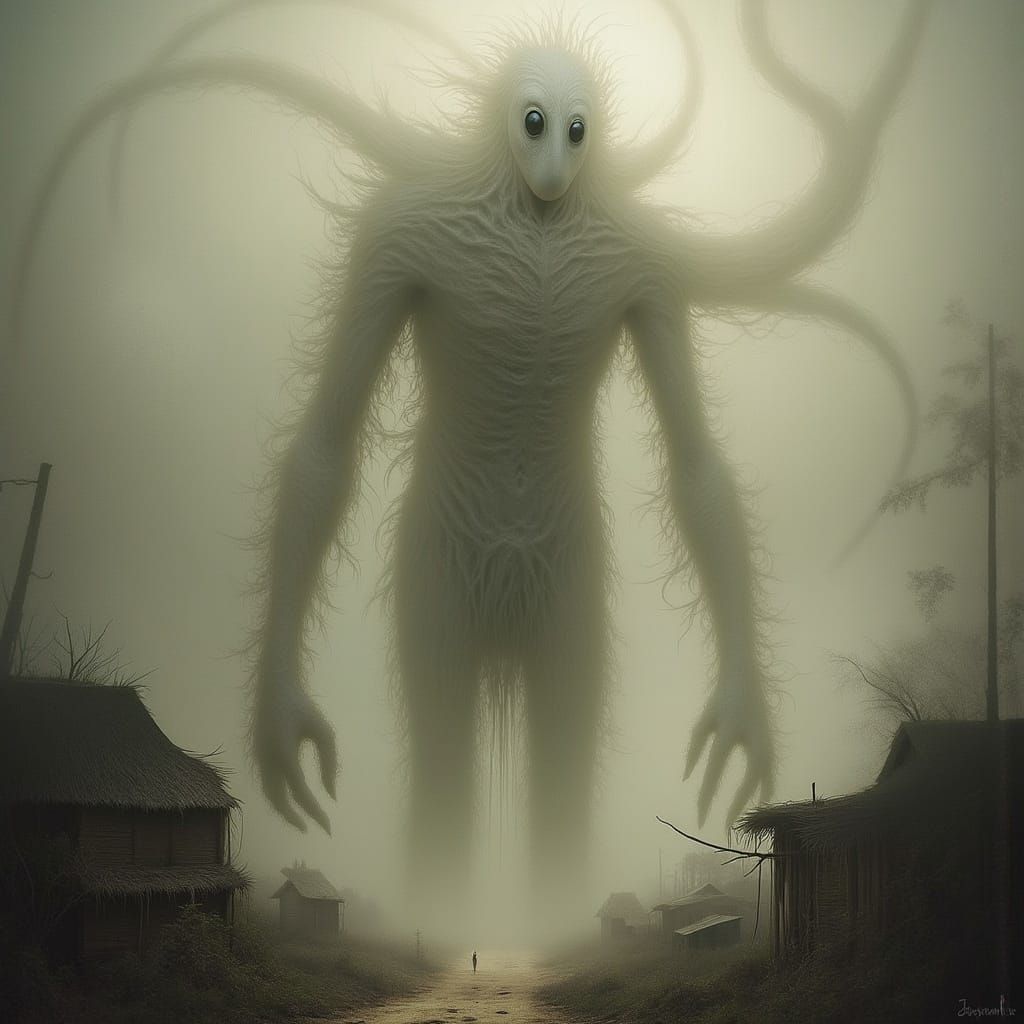 <lora:Pallo Victorian Surr:1.0> A tall, pale, skinny giant tramples a human settlement with indifference