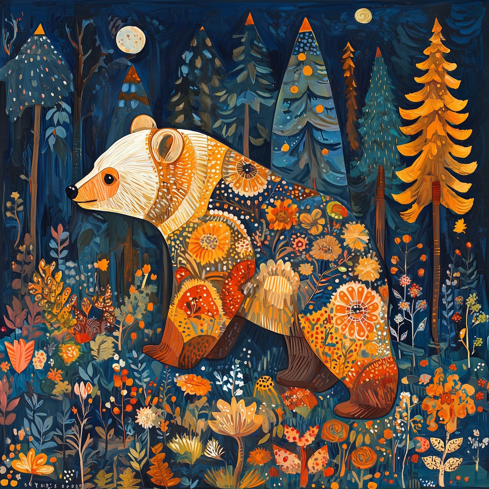 Folk Art Bear Frolicking in Autumn Forest
