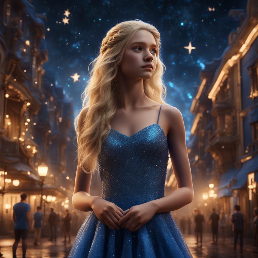Girl in Blue Dress Gazing at Stars