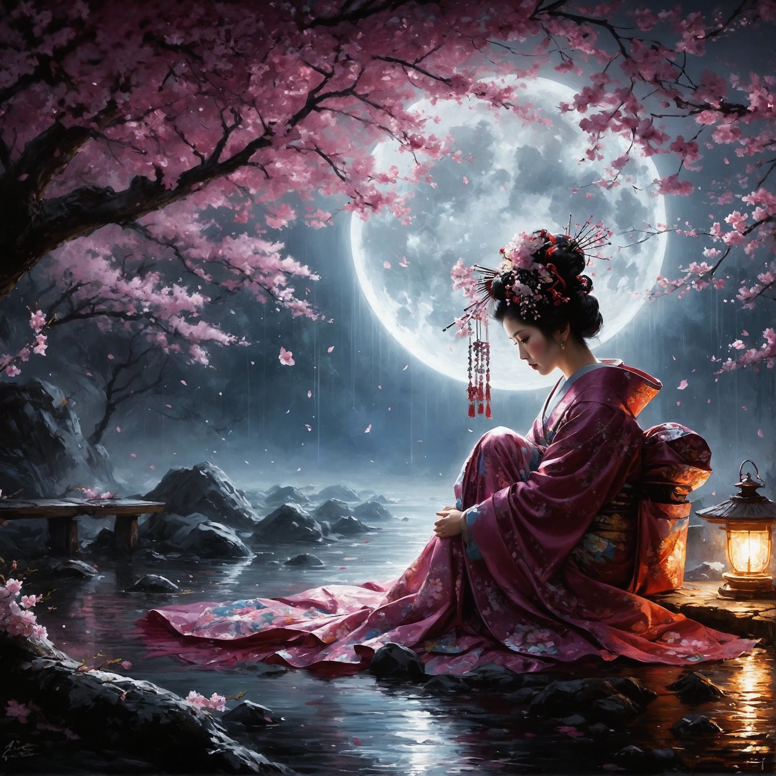 The Lonely Geisha Sighs When the Shadows Bloom at Moonlight