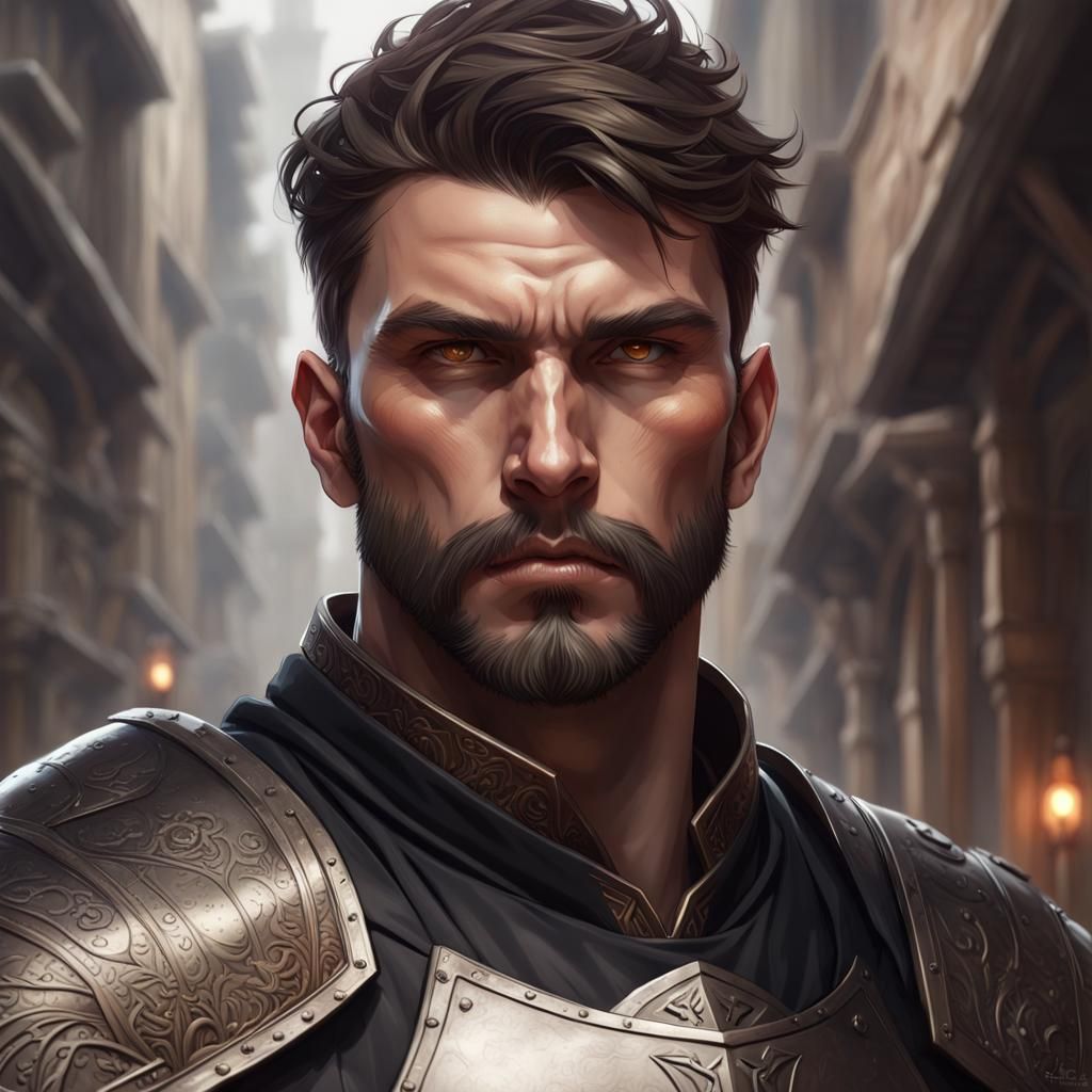 dark warrior, armour, black armour, strong, brown short hair, male ...