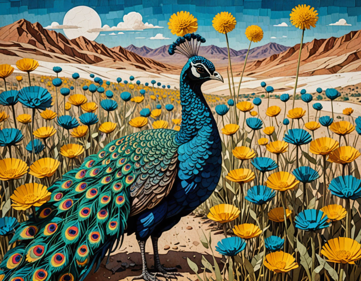Vibrant Peacock in Surreal Desert Landscape