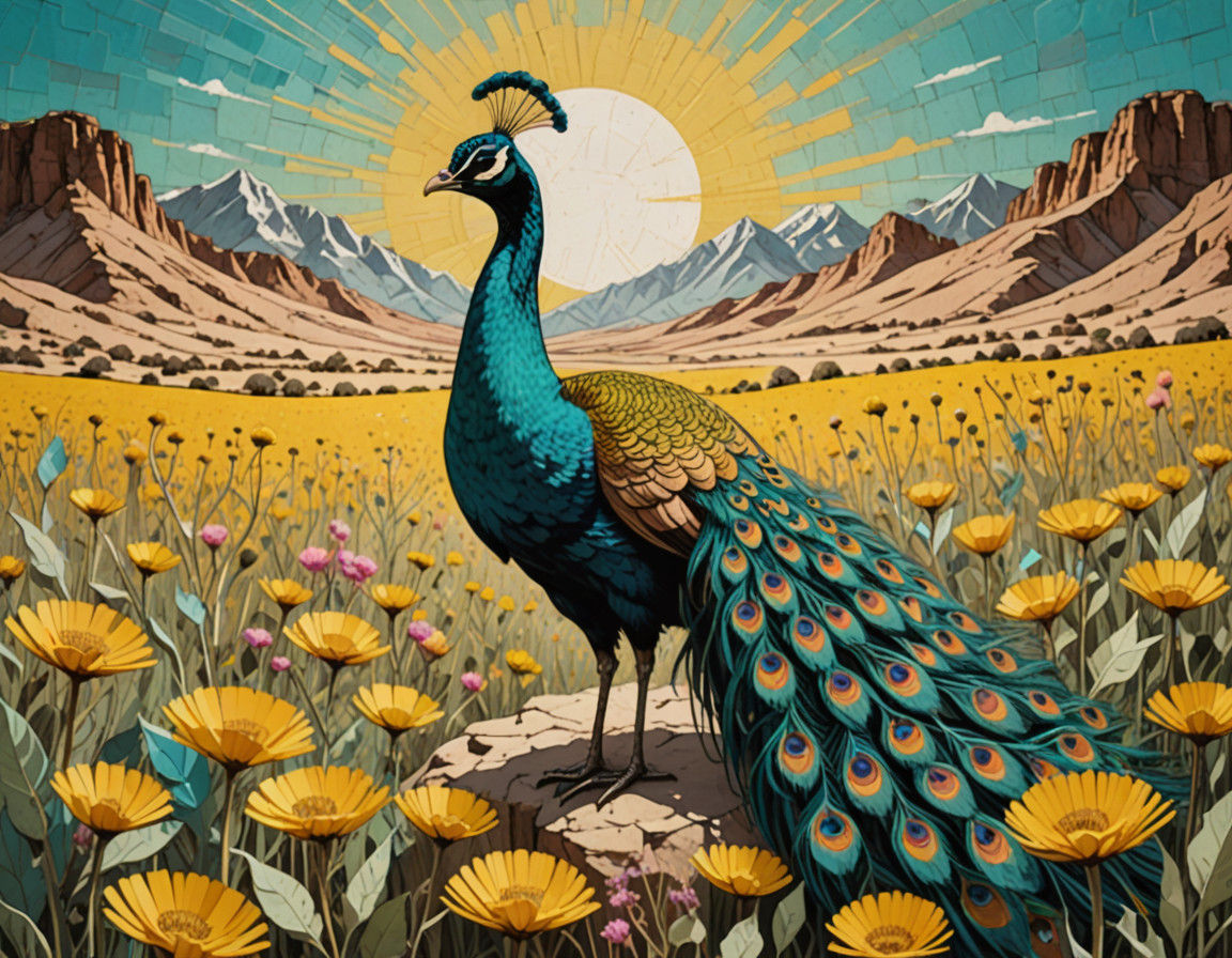 Vibrant Desert Peacock Collage in Expressive Folk Art Style