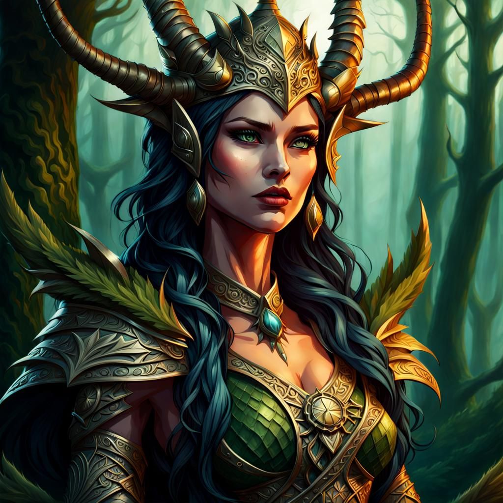 Beautiful terrifying dragonlike queen princess dryad huntress, perfect ...