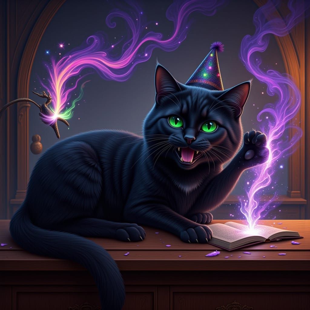 A sleek black cat with piercing emerald eyes and a playful grin, sticking its tongue out, lounges on a mystical wooden counter. A glowing wa...
