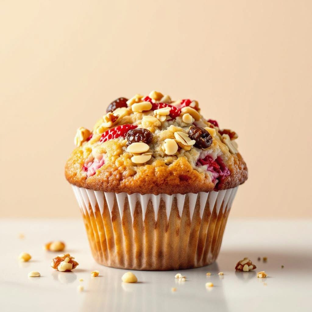 Nutritious and appealing muffin with strawberries and nuts and raisins, and oatmeal flour in a neat layout, With a kitchen neat background a...