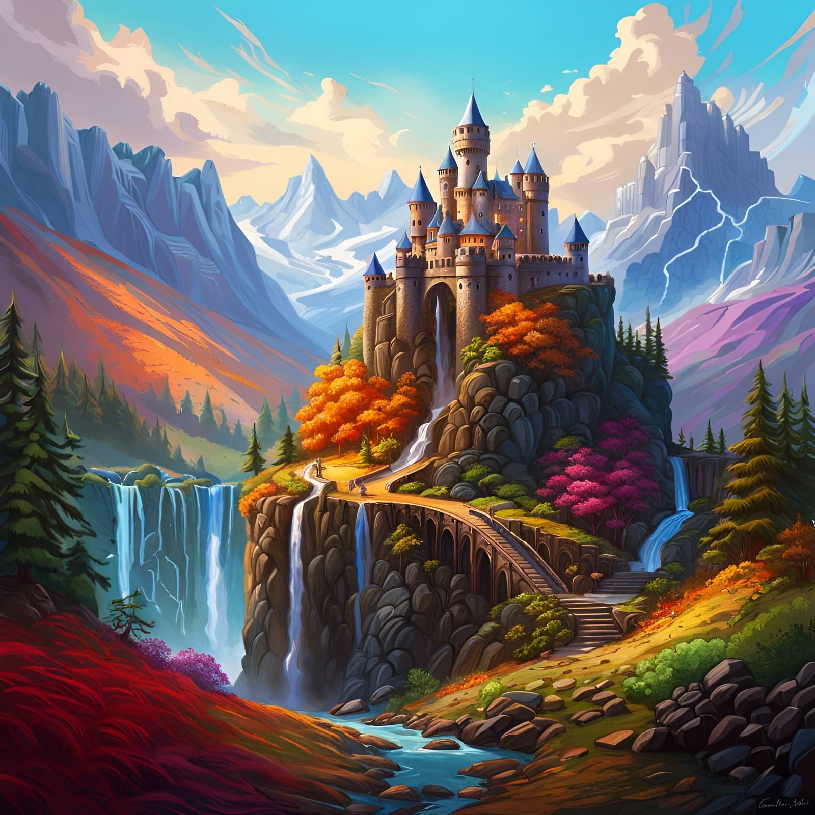 bizarre landscape, Castle, trees, forest, mountains, waterfalls ...