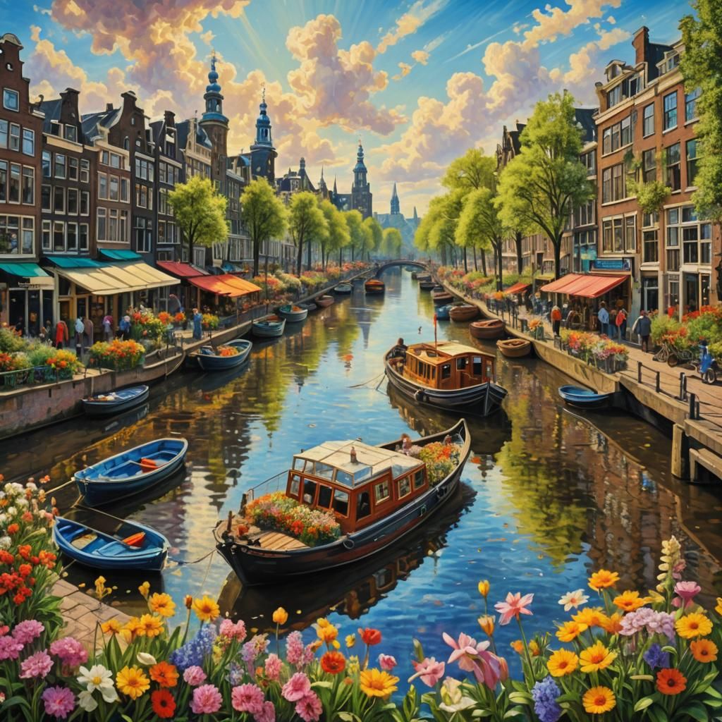A nice sunny day, boats on the canal in Amsterdam, laden wit...