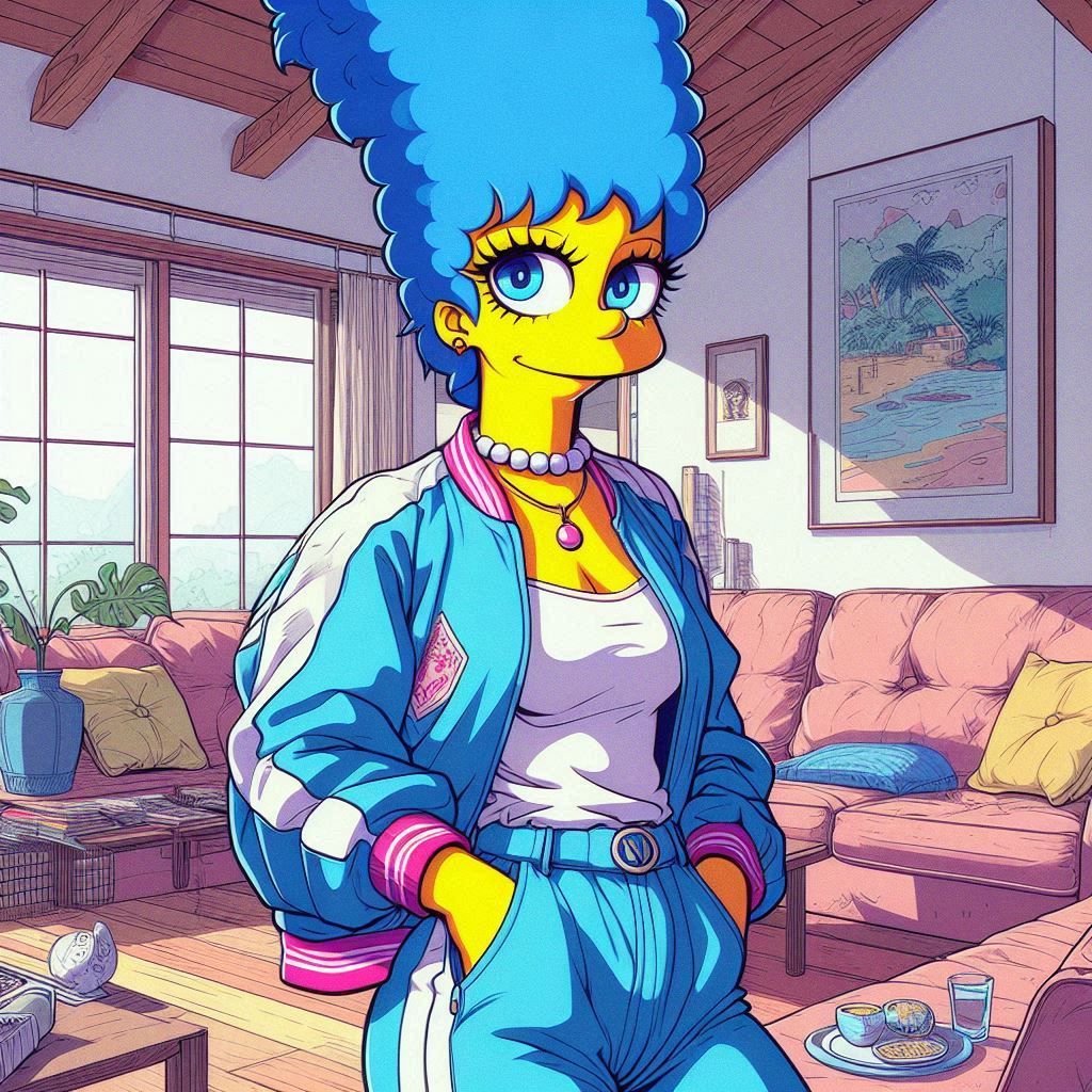 a 1980s anime style image of Marge Simpson drawn in human an...