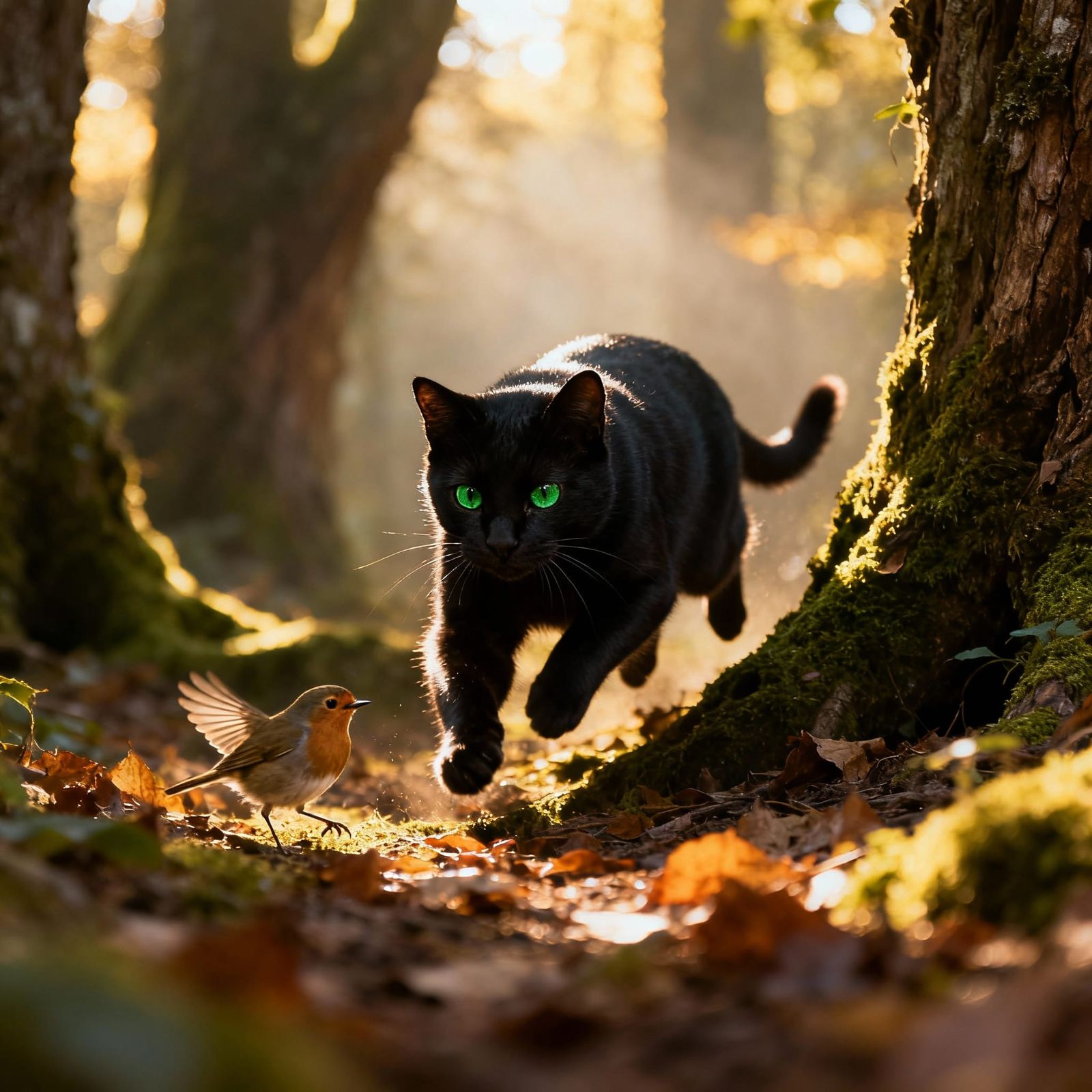 a highly realistic image of a cat in the forest hunting on a bird  by @Aron
