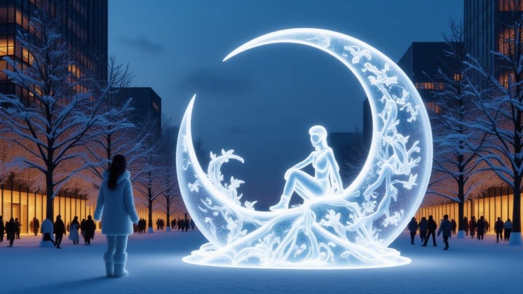 stunning transparent ice sculpture of a transparent ice princess sitting on a transparent ice crescent moon placed in a citypark with snow o...
