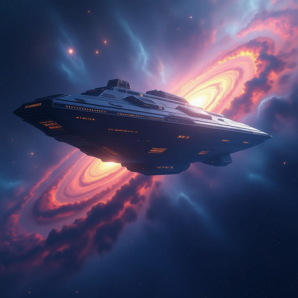 A colossal, ancient spaceship, designed with intricate fractal patterns, drifts silently through a nebula of vibrant, swirling galaxies. Its...