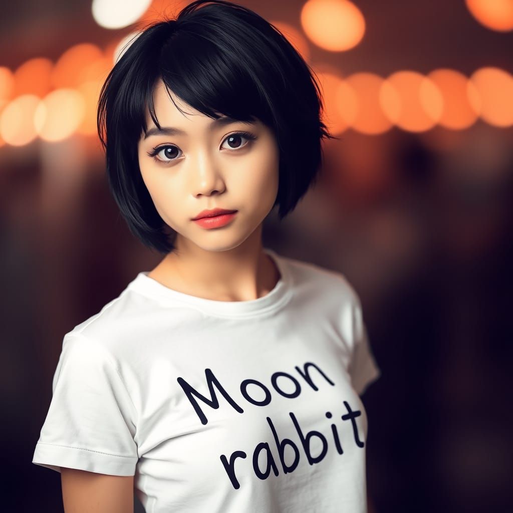 Woman in Moon Rabbit T-Shirt Portrait