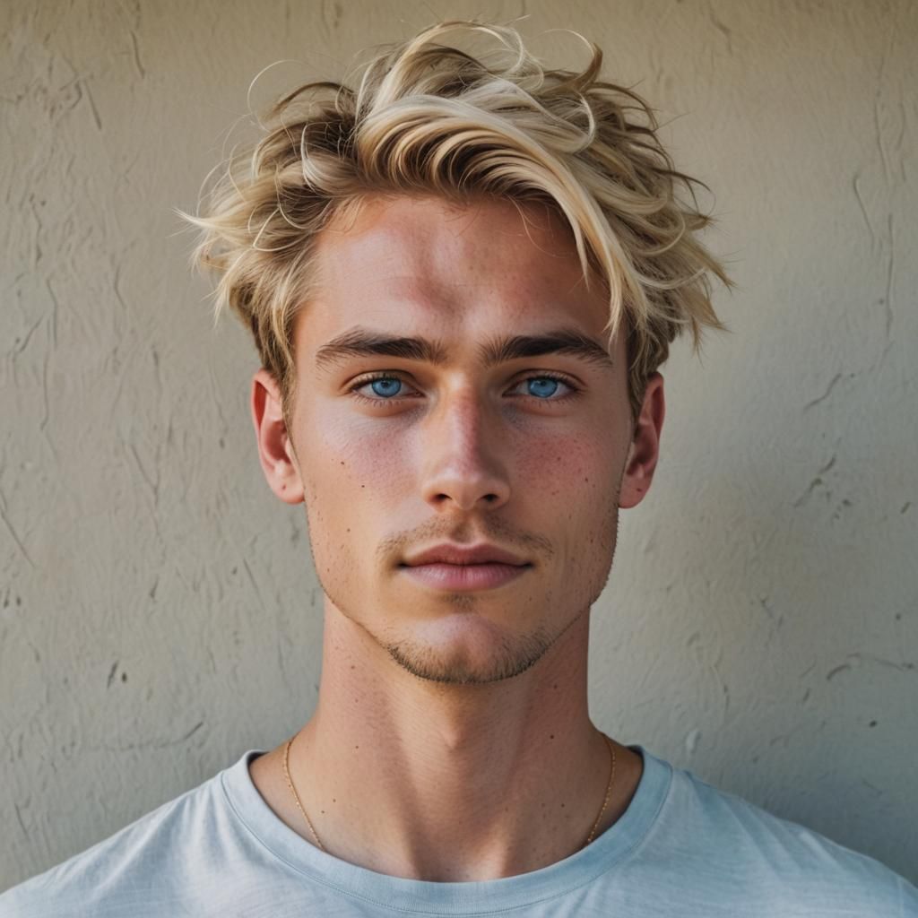 23 year old man, blonde hair in the color of sunshine, blue eyes in the  shade of the summer sky, shaven, messy but stylish hair that falls t... -  AI Generated Artwork -