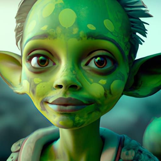 Cute Green alien girl with huge black eyes, fantasy, artistic portrait  by @Artwitch