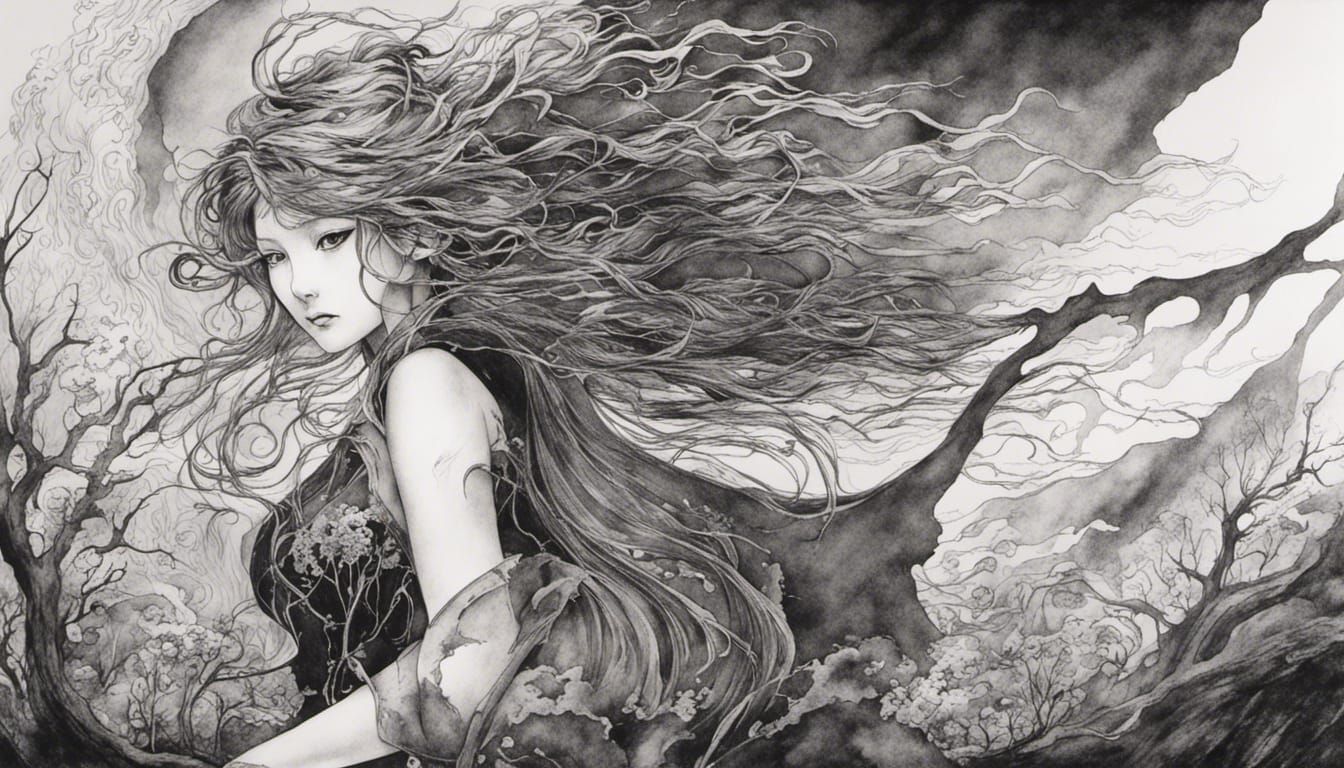 ghostly maiden in black ink by Yoshitaka Amano, fantasy, b&w...