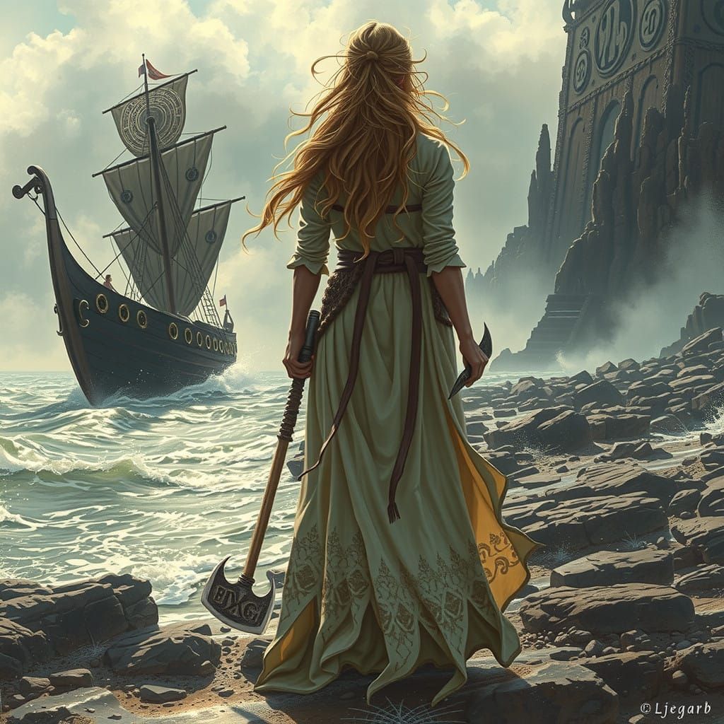 Nordic mythology, a ship at sea with rough waters, a maiden awaits the arrival standing on the beach holding double axe, runes and sand