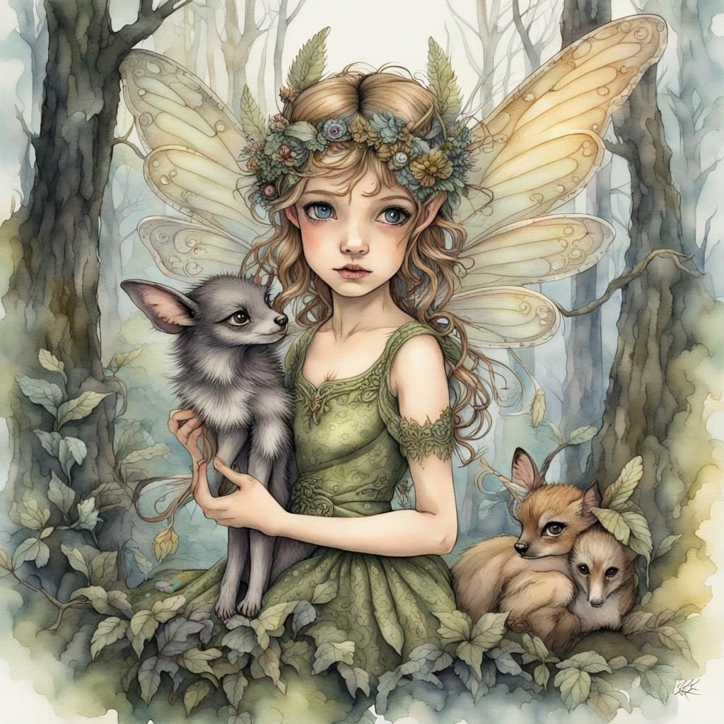 Watercolor and satin ink, an adorable cute young Fairy, with expressive ...