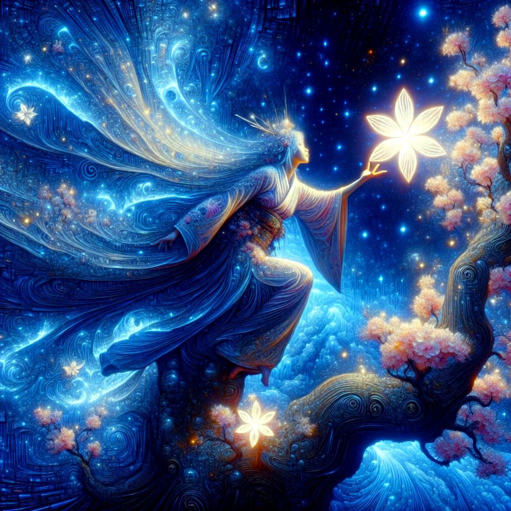 "beautiful Japanese goddess climbing a blossom tree, reaching for a glowing special magic flower, fantasy art, digital art, unreal engine, i...