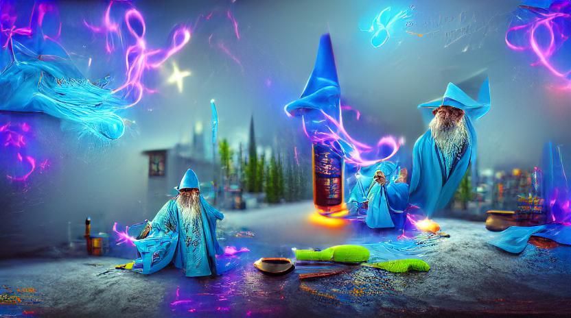 A magical wizard wearing a neon blue robe  with staras hell ...