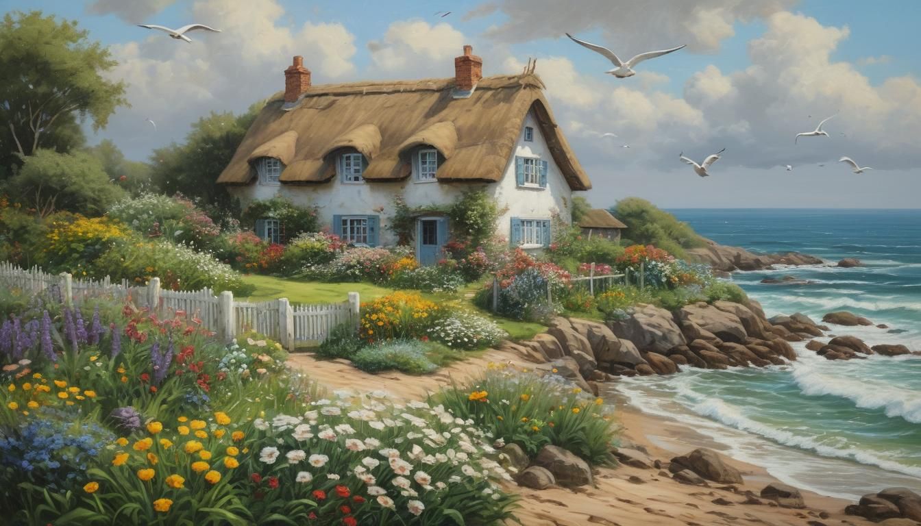 A cozy seaside cottage with a thatched roof nestled among bl...