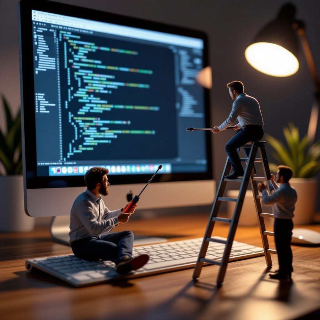 Tiny Realistic Men Repairing a Computer with Dramatic Lighti...