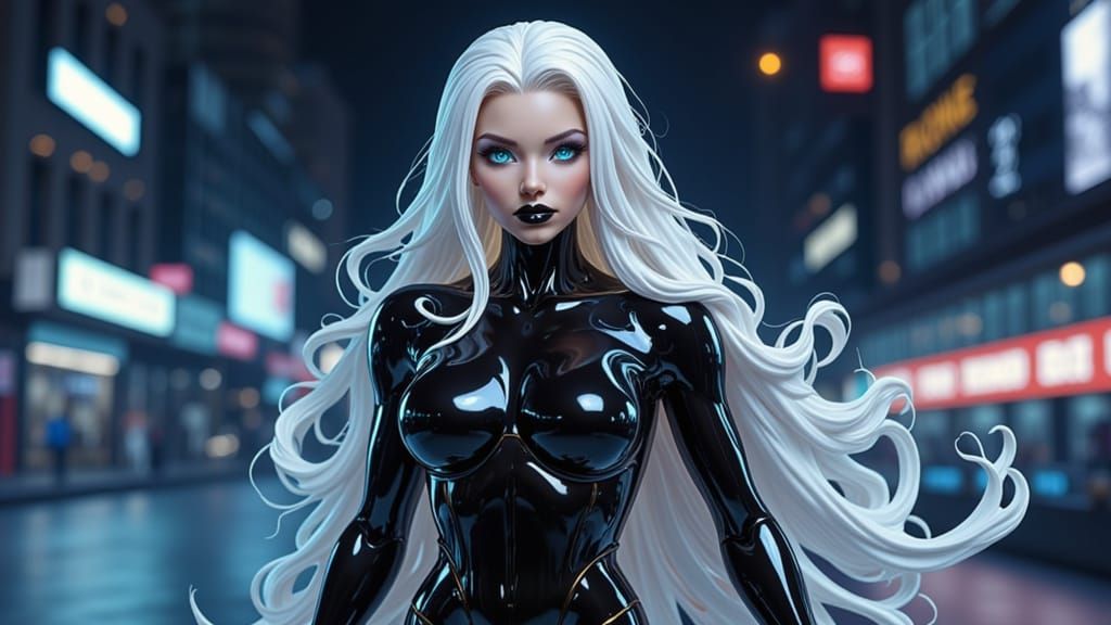 1girl, felici4,<lora:Liquid Gloss:1.0> anatomically correct, proper proportions,
long white hair, large chest, 52DDD, domino mask, black lip...