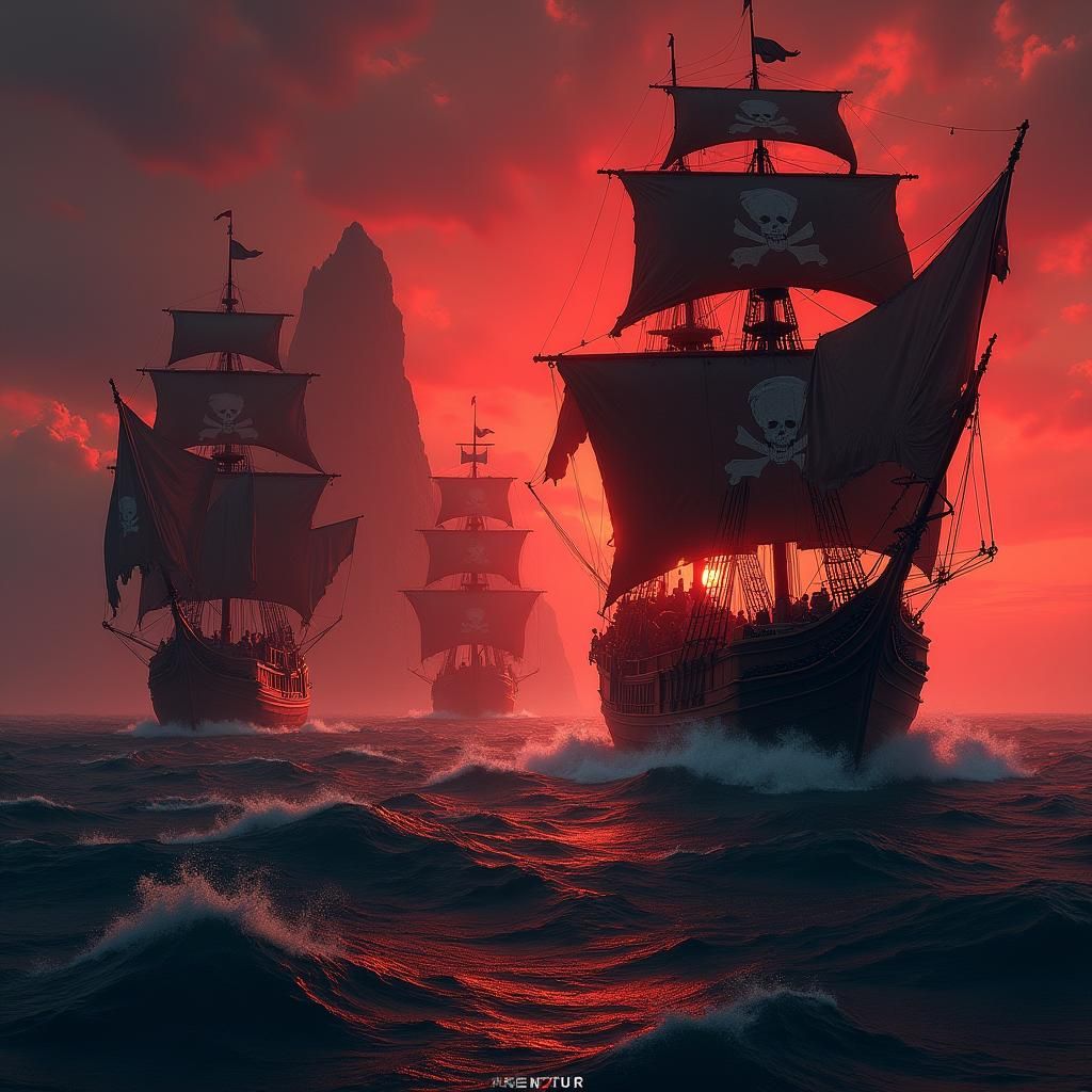 "Illustrate the Black Flag fleet as it surges across a dark, turbulent sea, illuminated by a blood-red sunset casting long shadows over the...