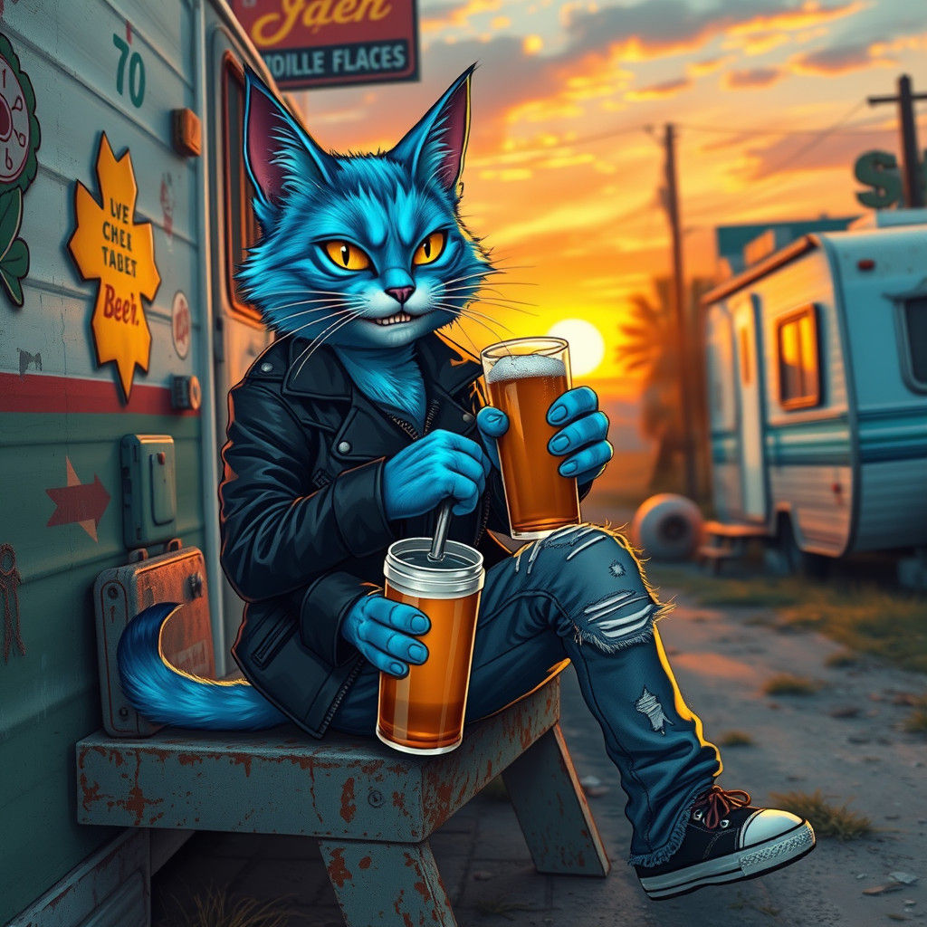 A humanoid cat drinking a beer in a trailer park