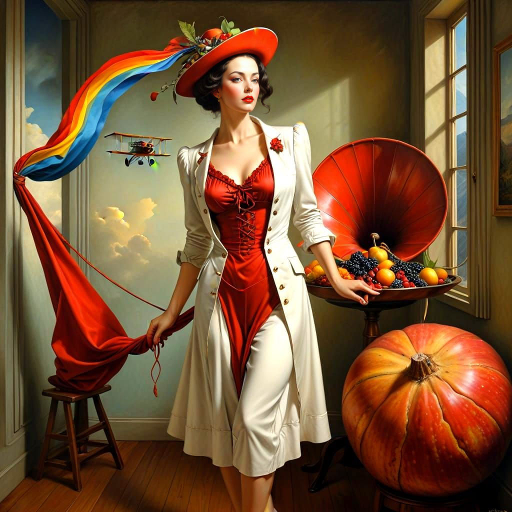 Surrealistic Portrait of a Happy Lady in a Fantastical Scene