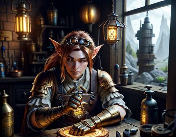 a female gnome repairing an automaton at a workbench. 3D Gam...