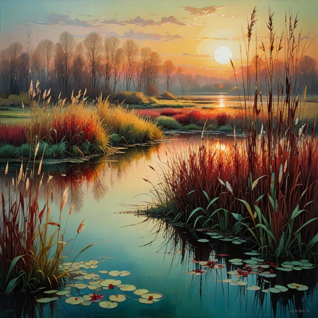 spring landscape with reeds, coppery red sun  by @Mapont
