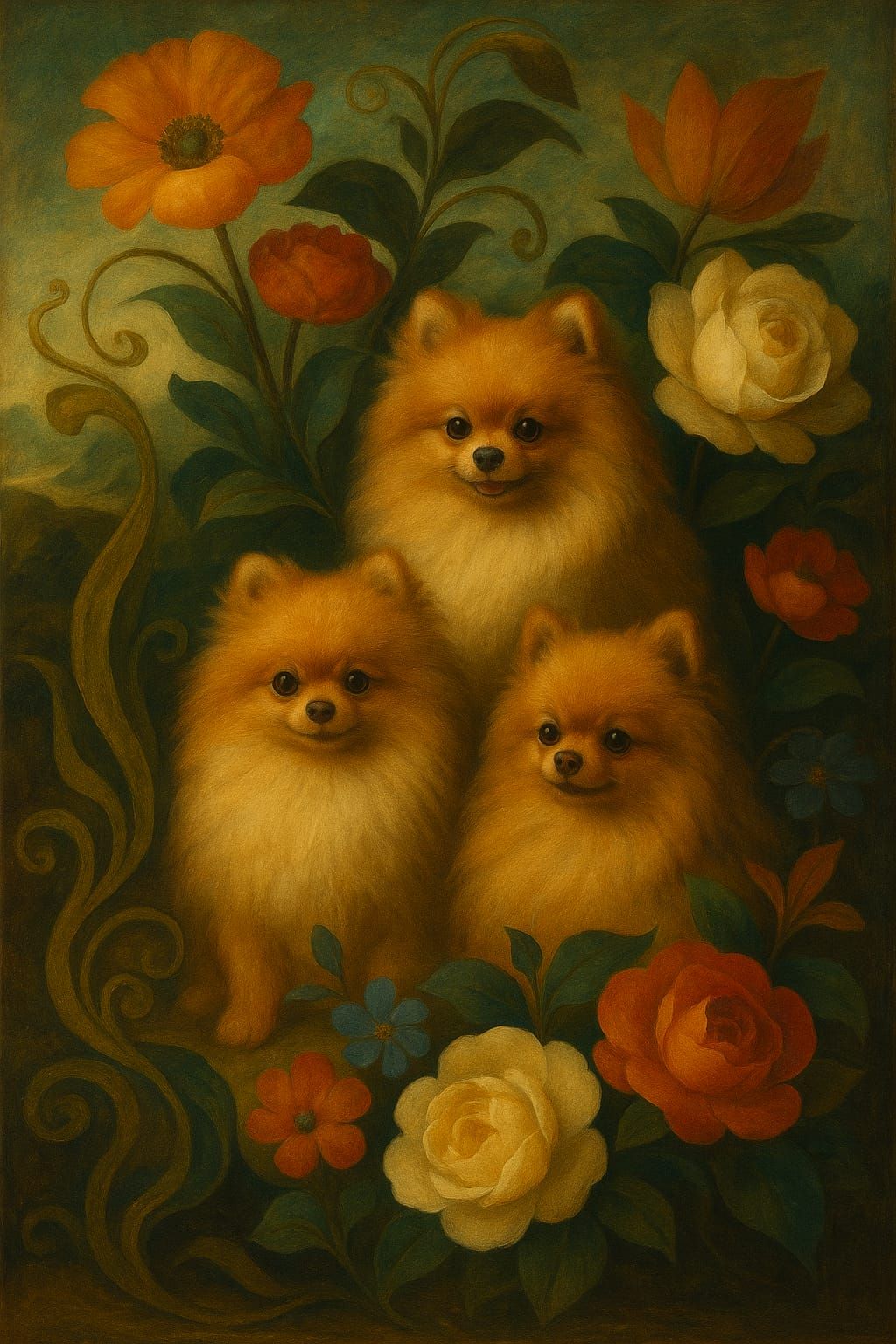 Three Pomeranians in the styles of O'Keeffe, Dali, and DaVin...