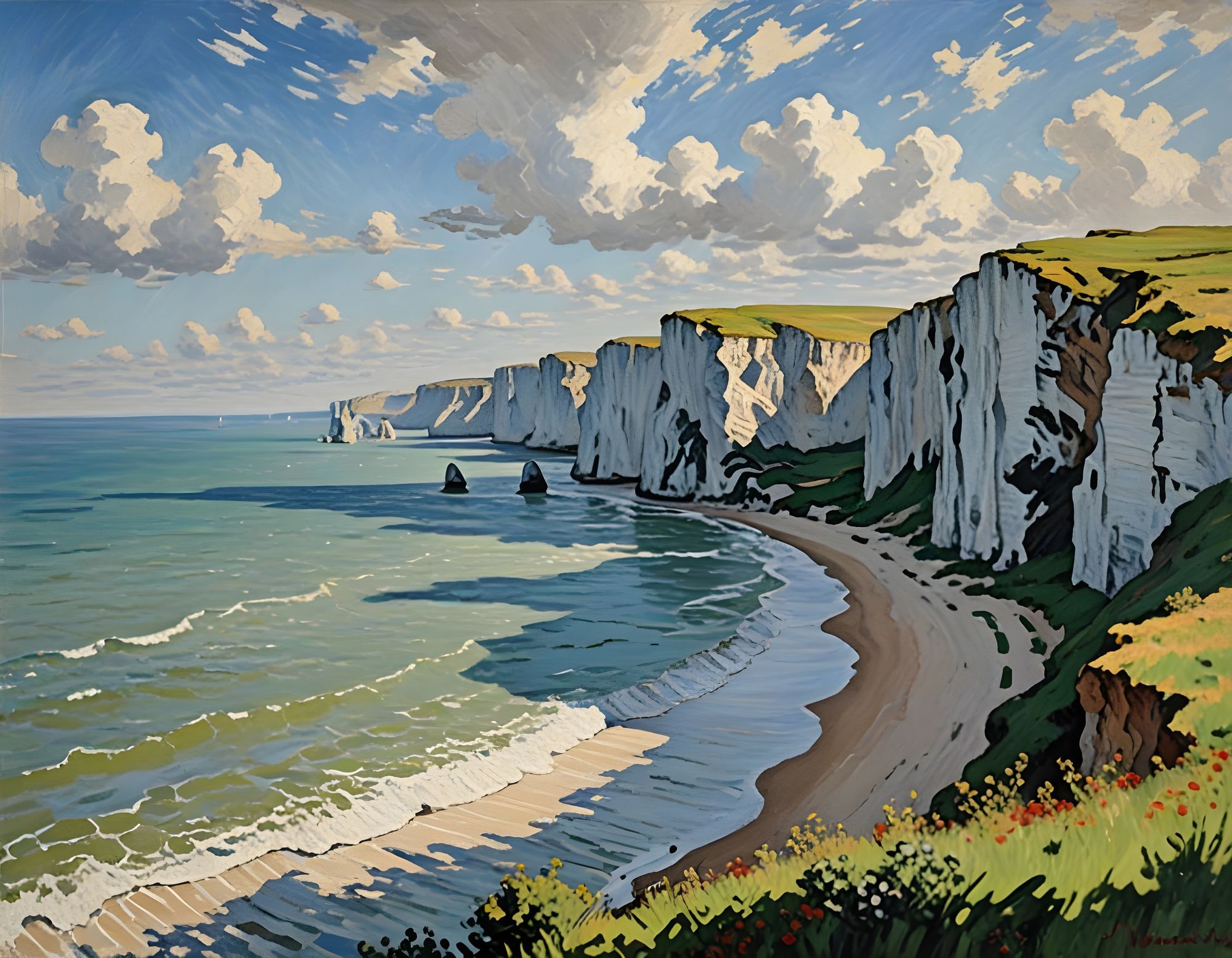 White cliffs near sea, sunny day, clouds, Claude Monet painting