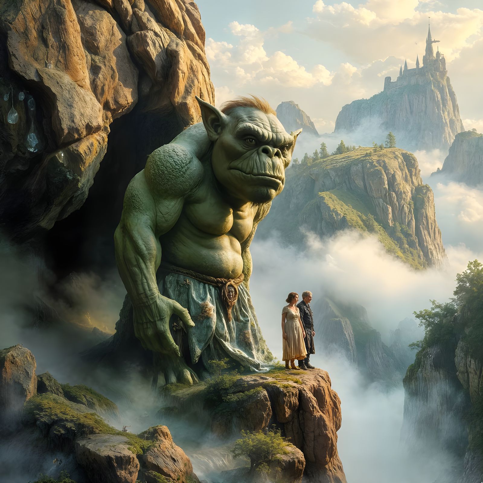 Human couple admire the view at the home of their adopted son Troll-Gorth.  by @Caveman