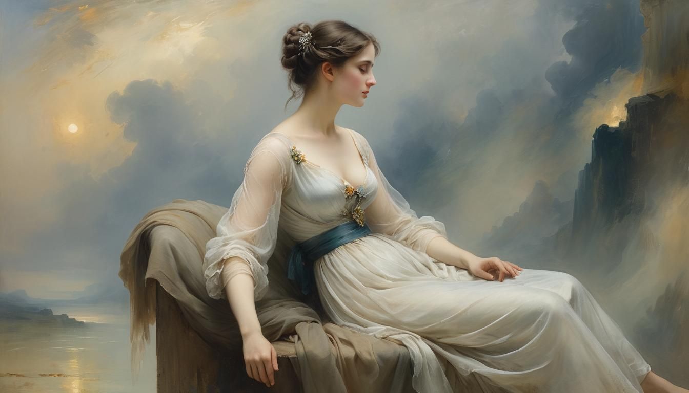 zoom sur le visage de profil  d 'une Femme assise dans une Élégante  robe opale entourée  de brume (1908), Fondation Bemberg Toulouse.