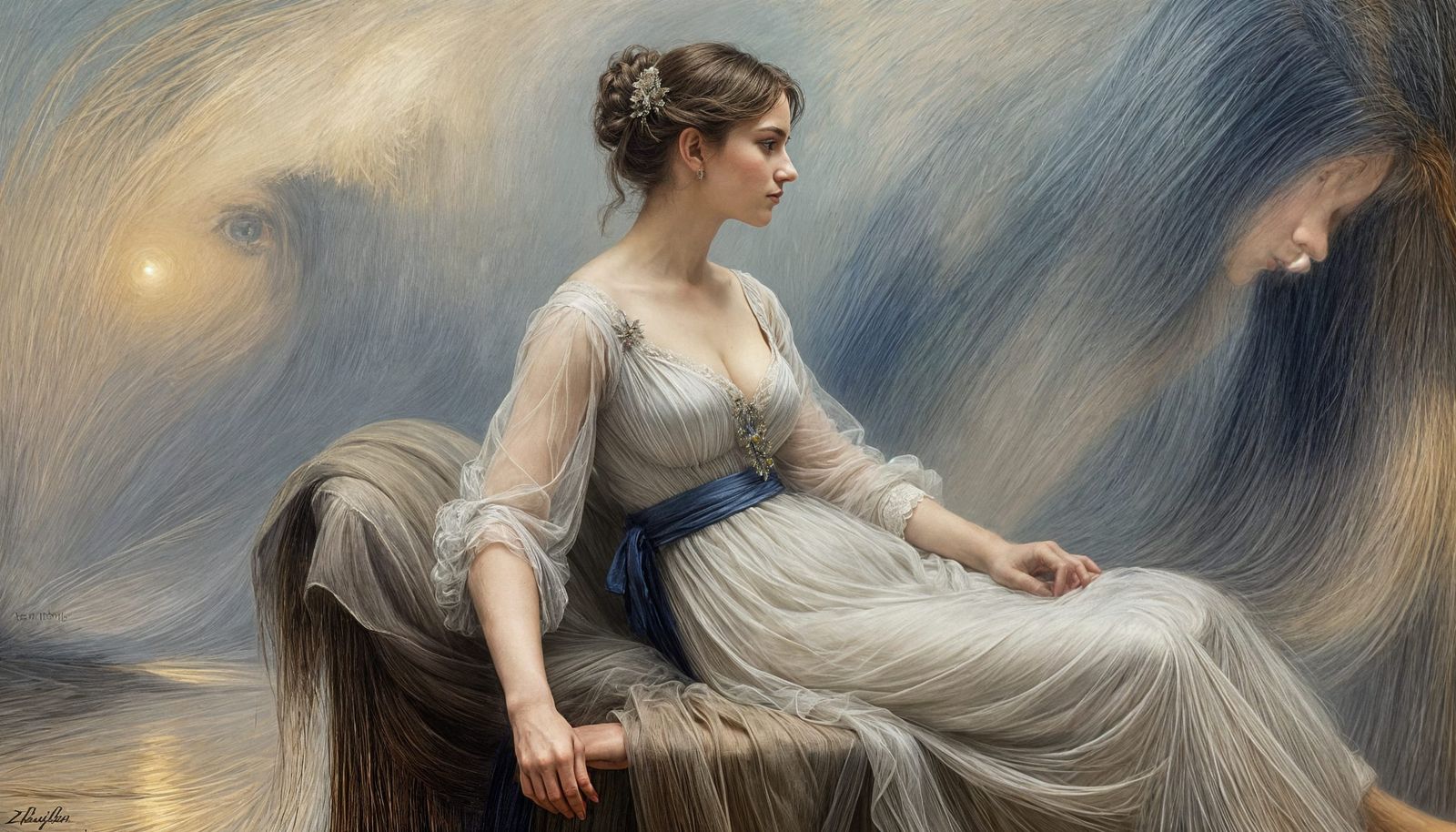 zoom sur le visage de profil  d 'une Femme assise dans une Élégante  robe opale entourée  de brume (1908), ...  by @Olivier Boyer